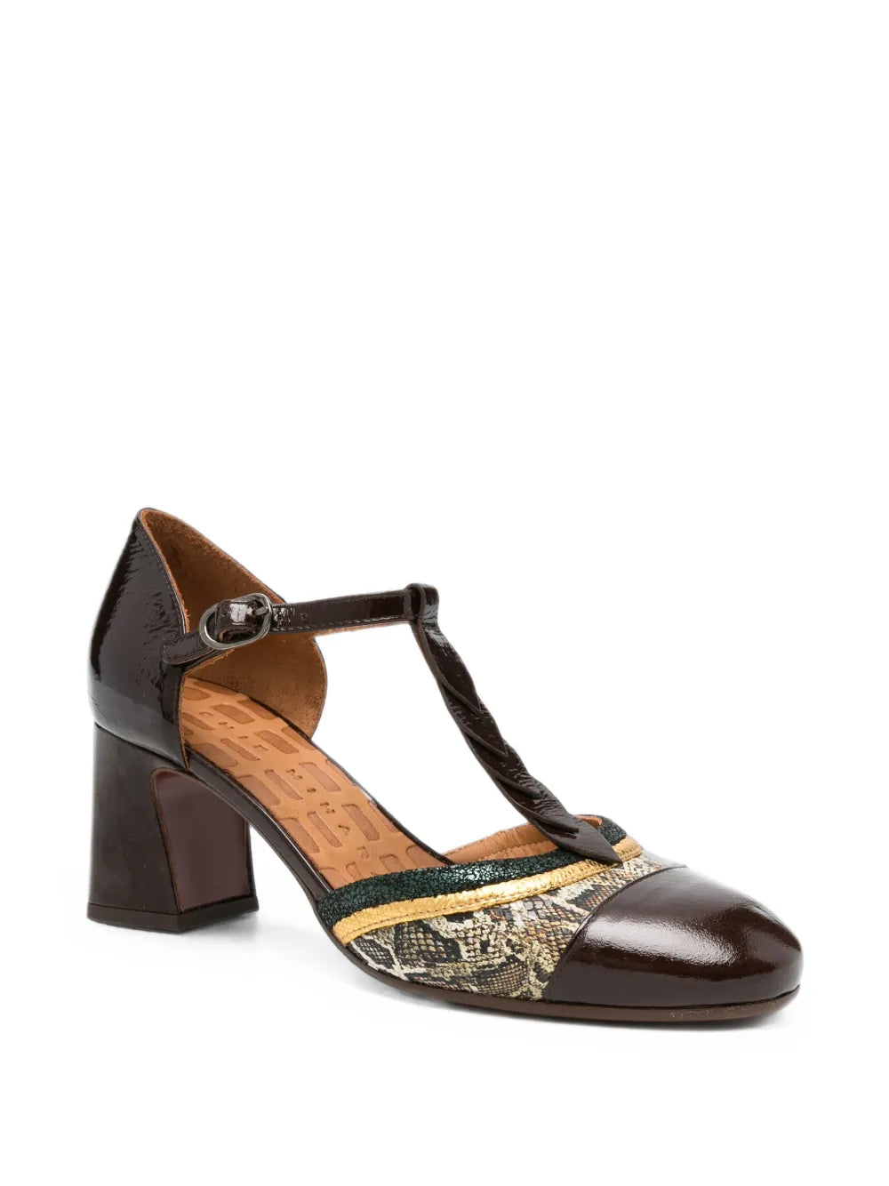 Chie Mihara FILLY mid heel T-strap shoe in dark chocolate patent leather with iridescent green and gold snake-print detail