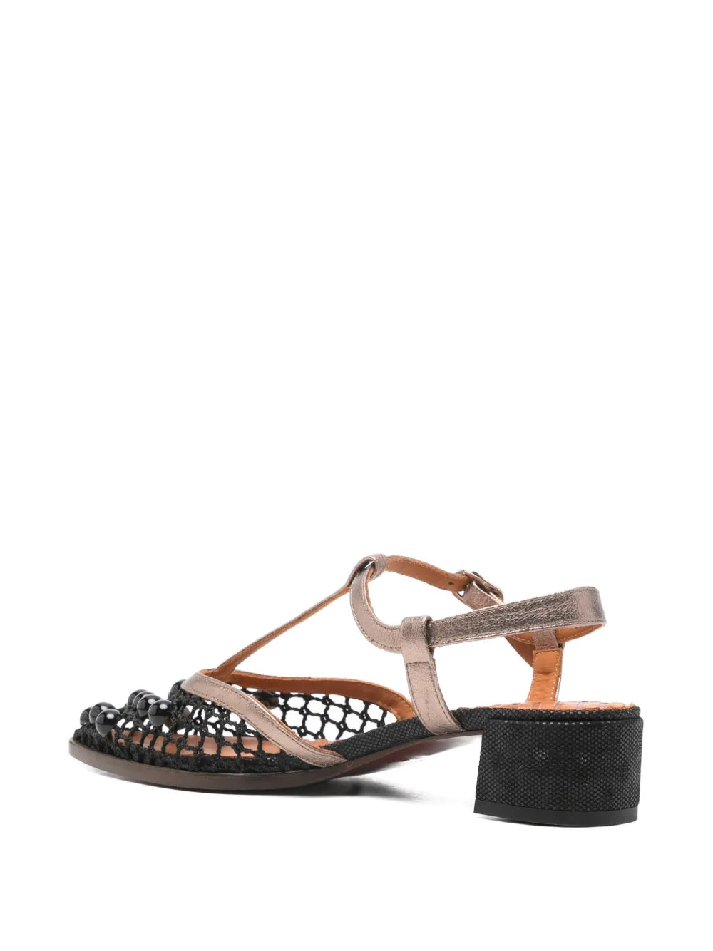 Chie Mihara Hagila women's black mesh and pearl embellished shoe with silver metallic T-strap and block heel, luxury shoes made in Spain