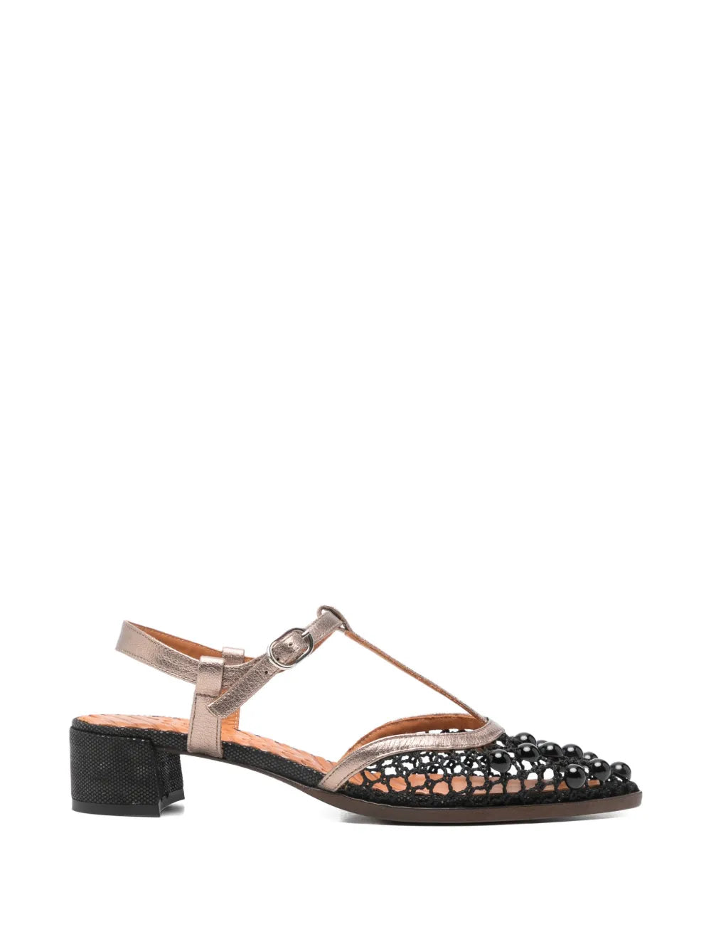 Chie Mihara Hagila black mesh and pearl embellished shoe with silver metallic T-strap and block heel, handmade in Spain