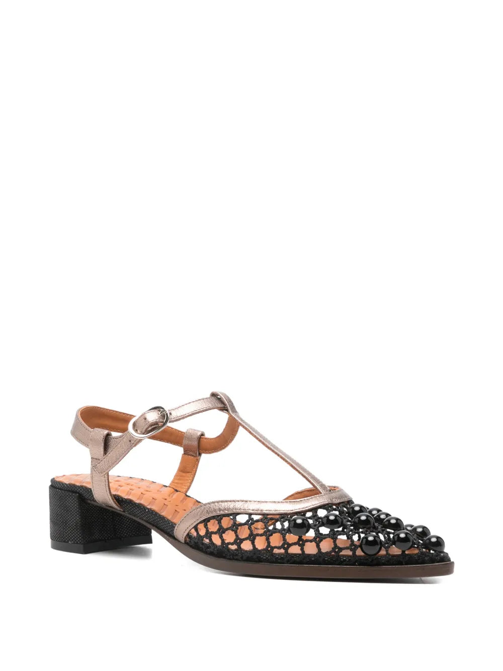 Chie Mihara Hagila black crochet mesh and pearl embellished shoe, silver metallic T-strap and ankle buckle