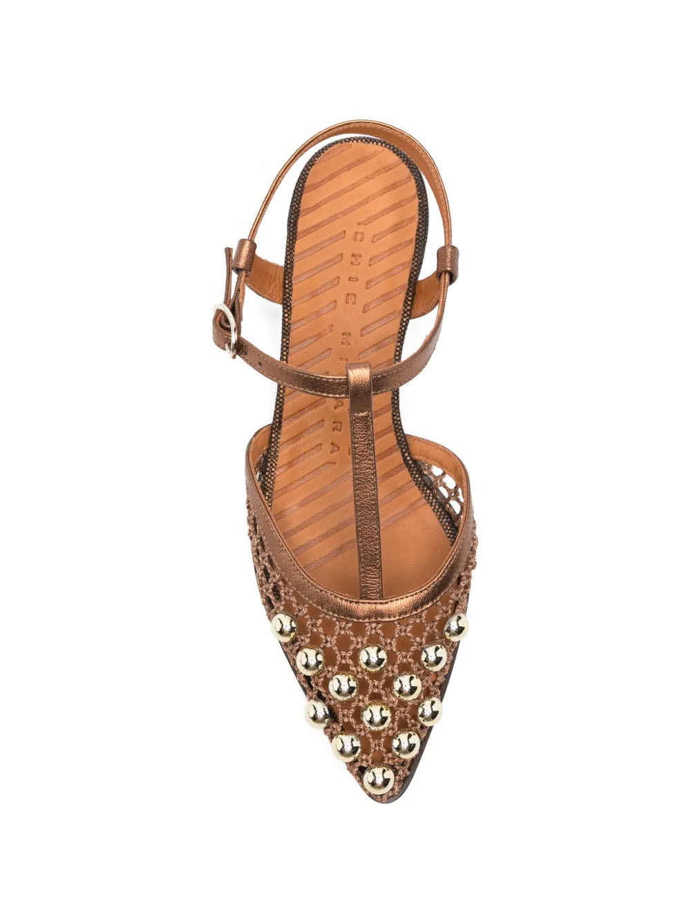 Chie Mihara Hagila bronze mesh and gold pearl embellished shoe, leather sole with non-slip rubber pad, known for exceptional comfort and fit, handmade in Spain