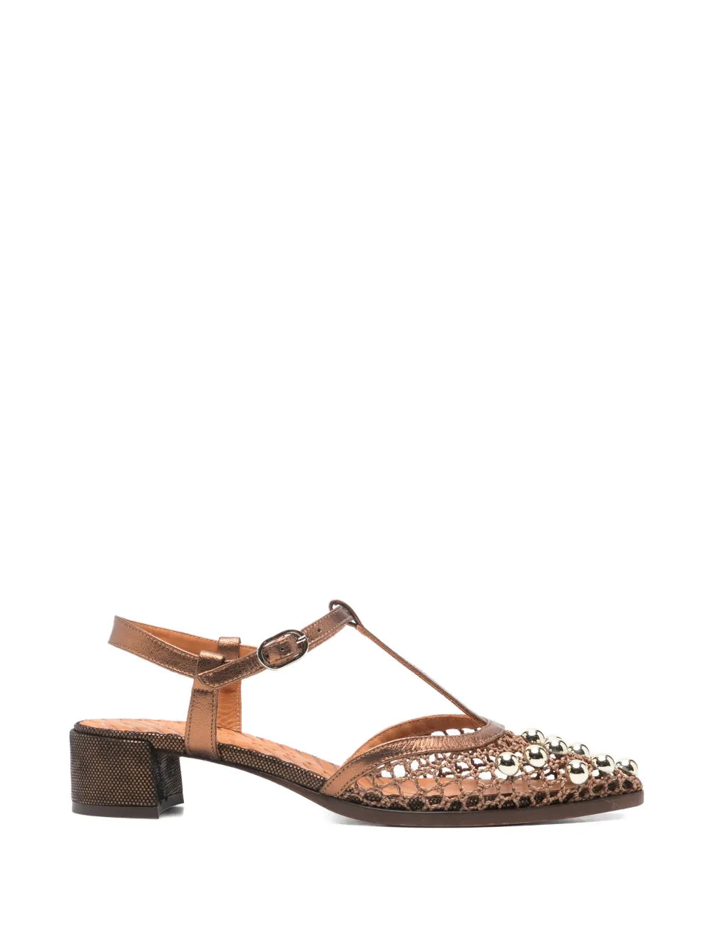 Chie Mihara Hagila bronze mesh and gold pearl embellished shoe with bronze metallic T-strap and block heel, handmade in Spain