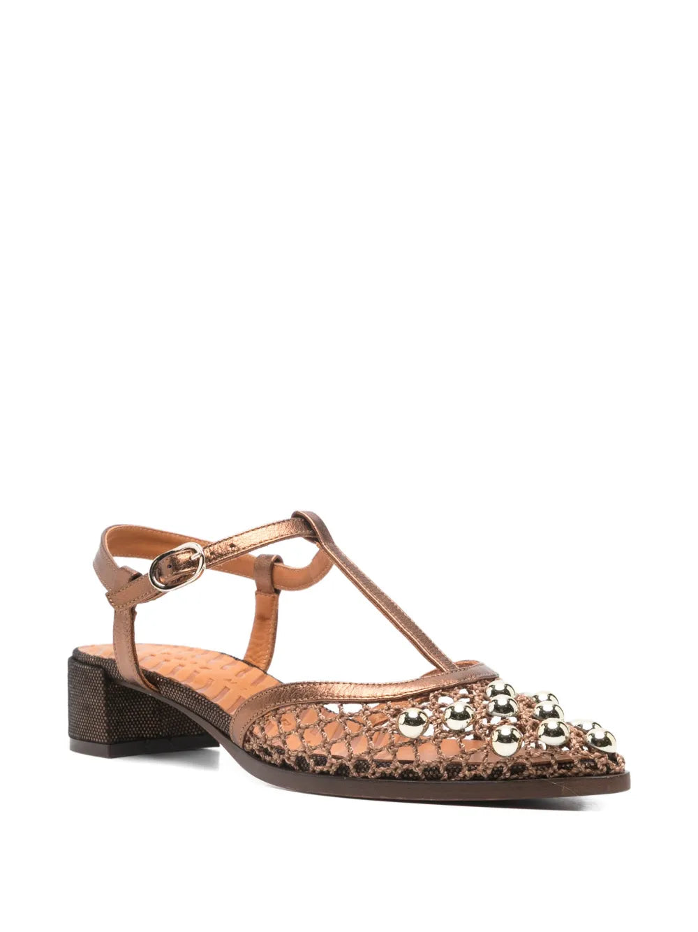 Chie Mihara Hagila copper bronze mesh and gold pearl embellished shoe, metallic T-strap and ankle buckle