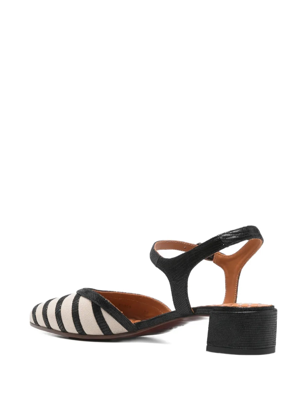Chie Mihara Haler black and white striped canvas slingback shoe, block heel and ankle buckle