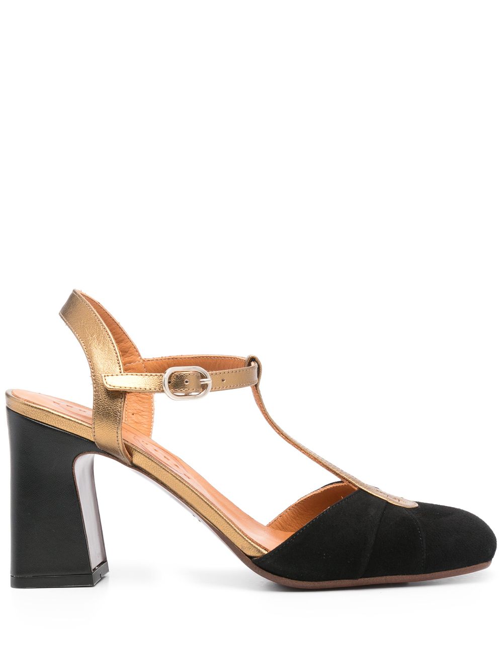 Chie Mihara Hazel black suede and gold metallic leather T-strap sandal with high block heel, handmade in Spain