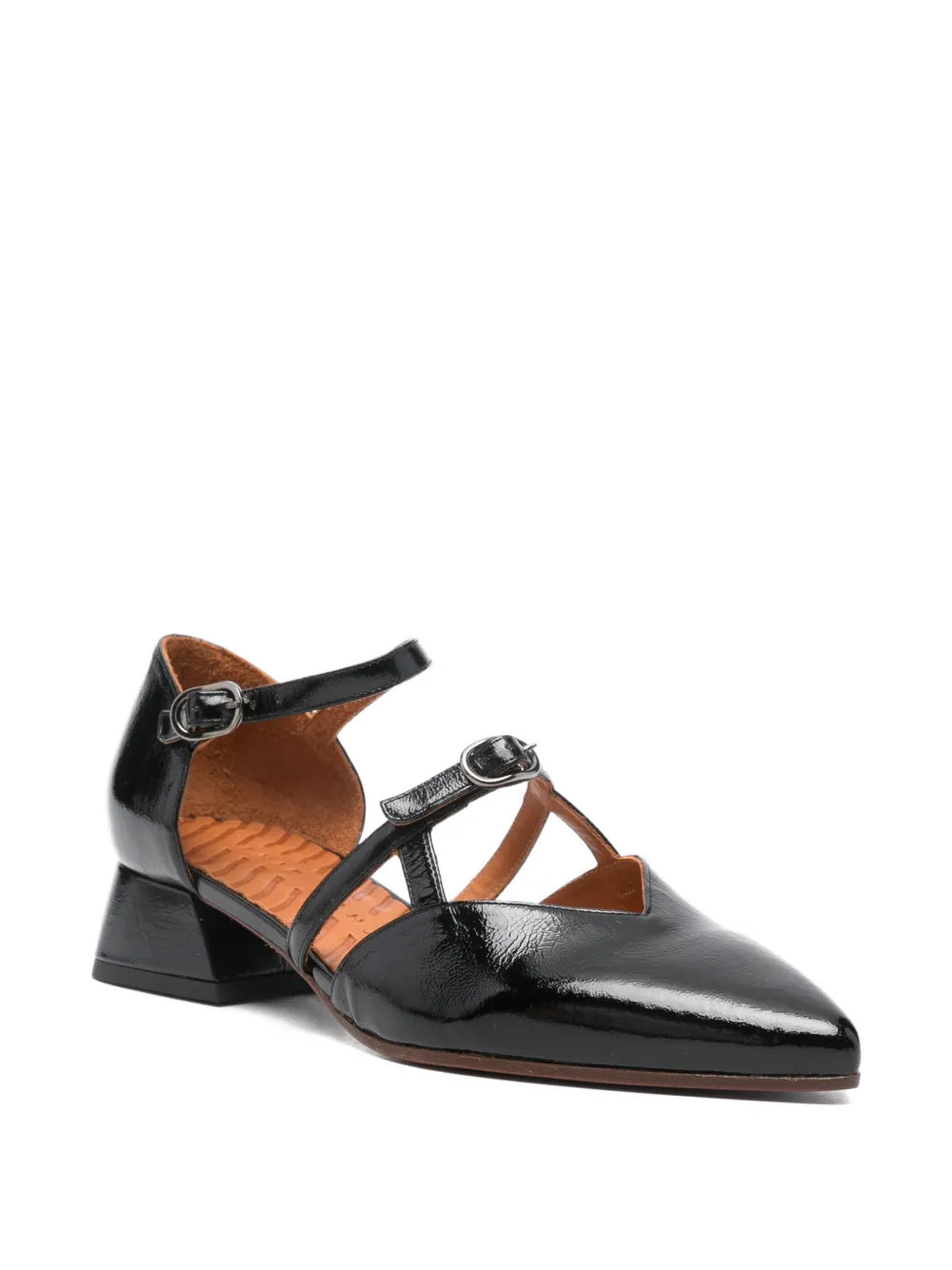 Chie Mihara Heida black patent leather shoe, double buckle strap and geometric block heel