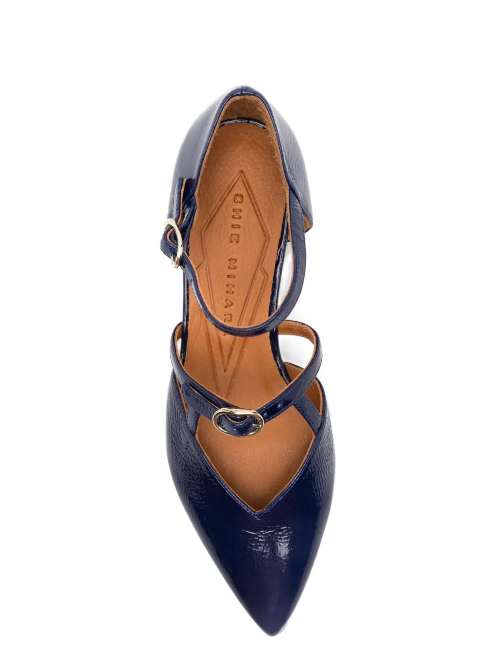 Chie Mihara Heida navy blue crinkle patent leather double strap pump, top view with Chie Mihara leather insole, designer comfort shoes