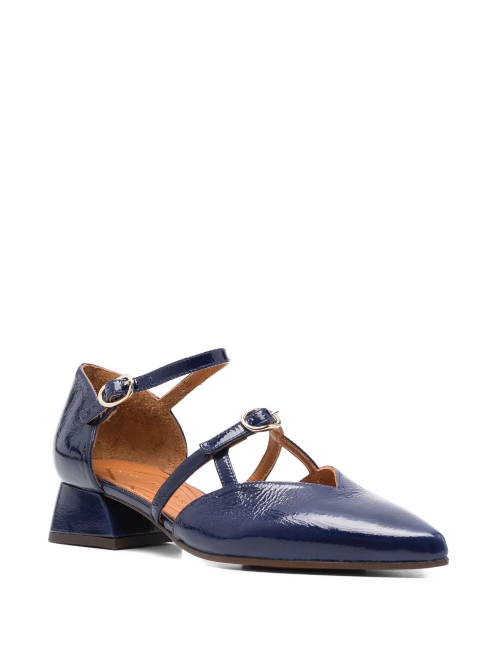 Chie Mihara Heida navy blue crinkle patent leather double strap pump, low block heel and gold buckle detail, artisan leather shoes