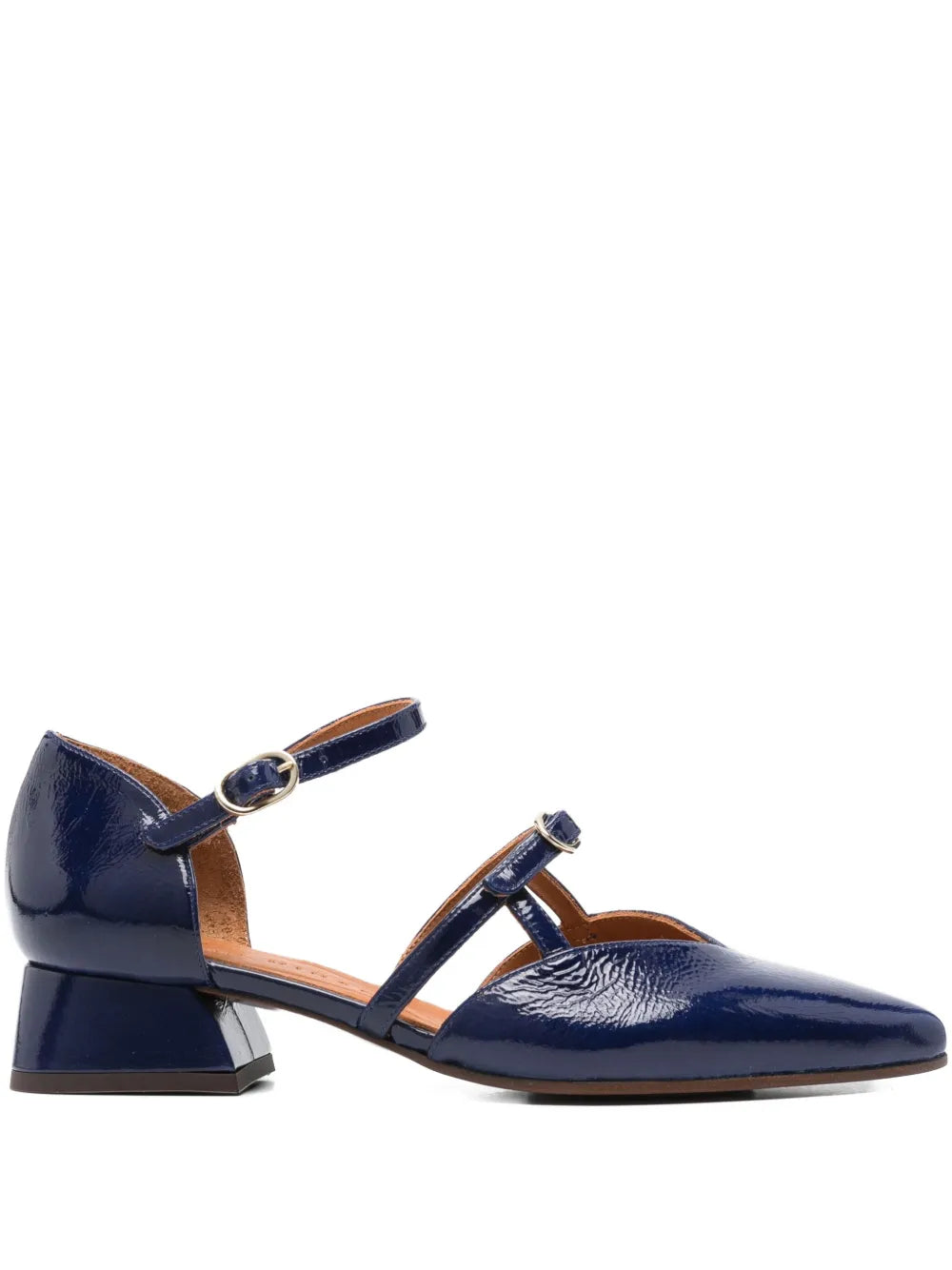 Chie Mihara Heida navy blue crinkle patent leather double strap pump with comfortable low block heel, handmade in Spain