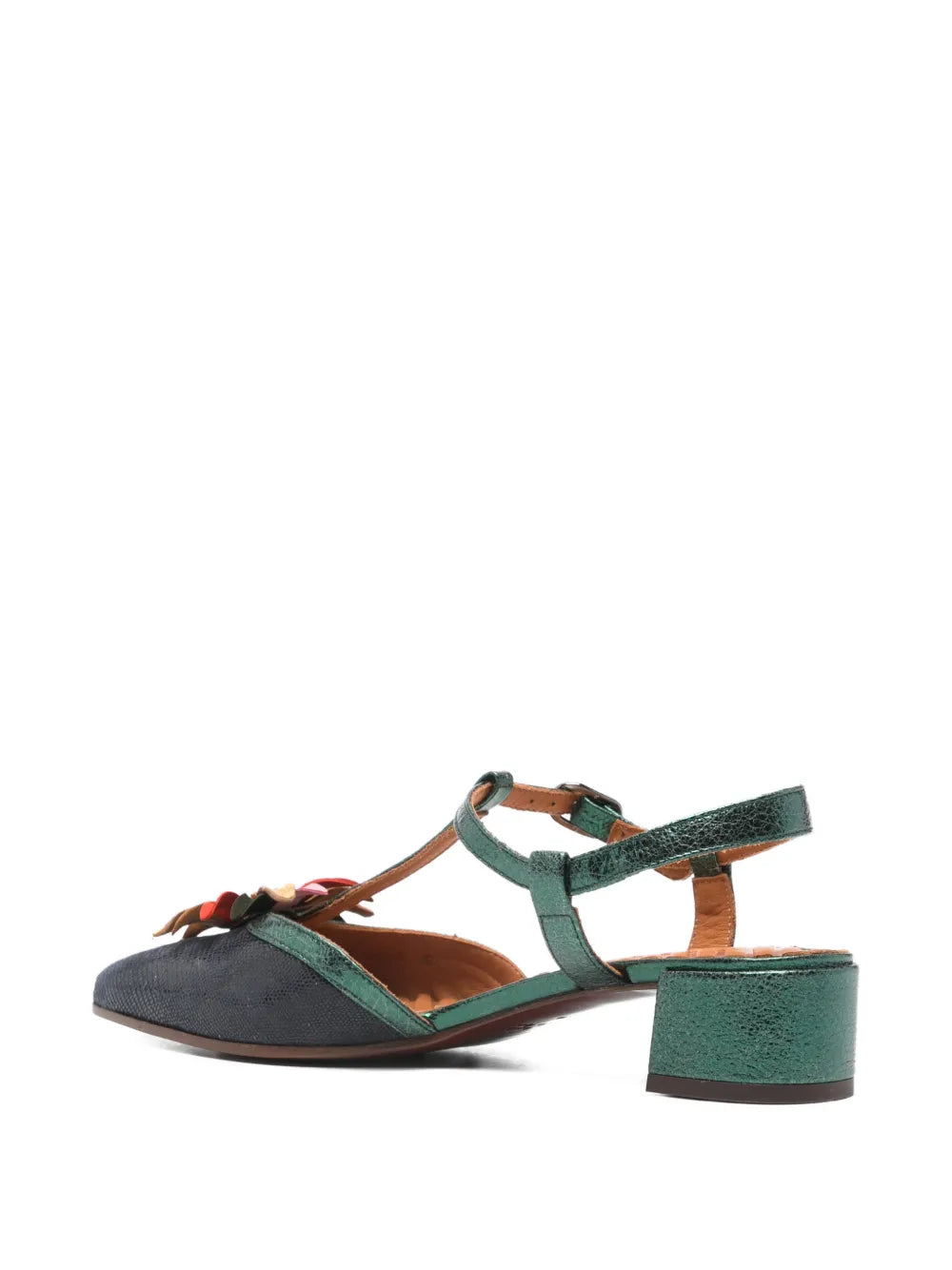 Chie Mihara Heleni navy blue and green metallic leather slingback shoe, multicolor leather flower and ankle buckle