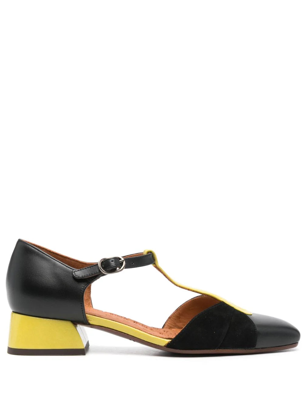 Chie Mihara Hernani black leather and suede T-bar Mary Jane pump with yellow leather trim and low block heel, handmade in Spain