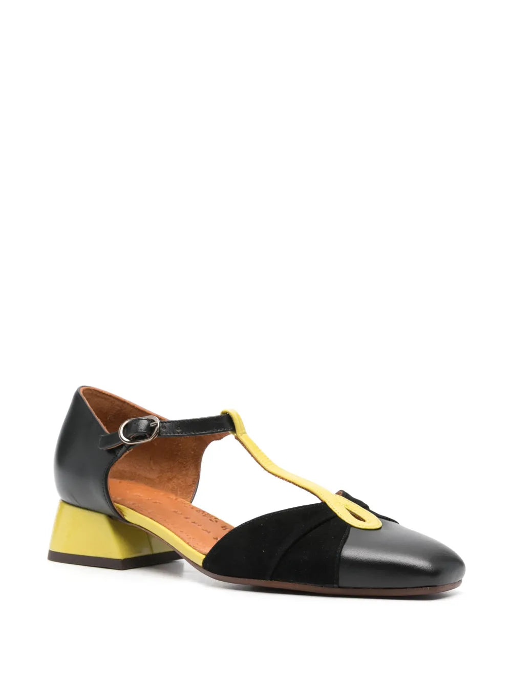 Chie Mihara Hernani colorful leather shoes, black suede and yellow leather T-bar Mary Jane, feminine designer shoes artisan shoes Spain