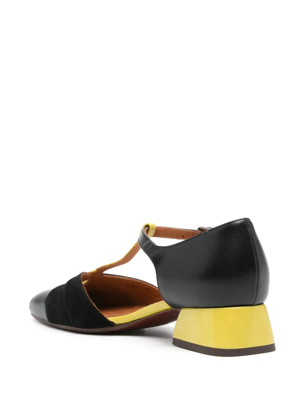 Chie Mihara Hernani unique heel design, black leather and suede Mary Jane pump with yellow block heel, European designer shoes statement shoes women