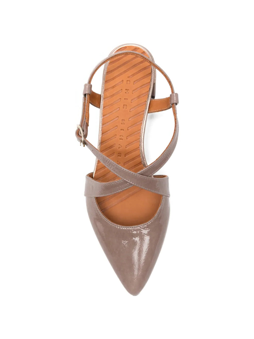 Chie Mihara Hesana taupe patent leather cross-strap shoe, leather sole with non-slip rubber pad, known for exceptional comfort and fit, handmade in Spain