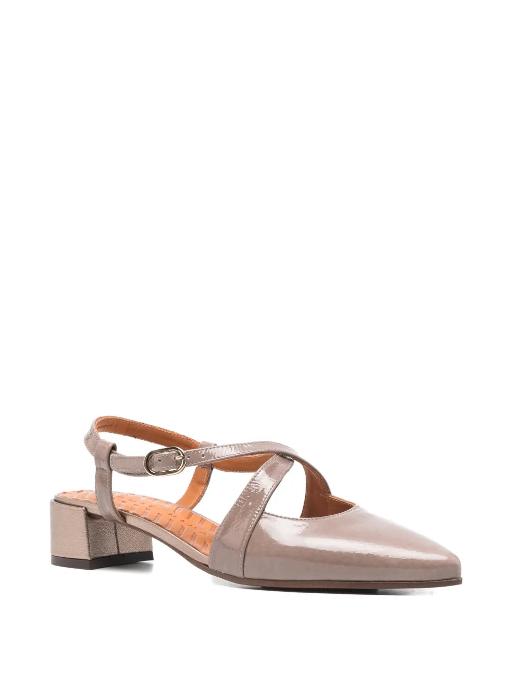 Chie Mihara Hesana taupe patent leather cross-strap slingback shoe, pointed toe and ankle buckle