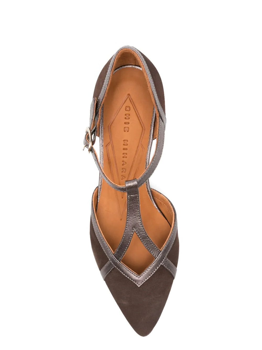 Chie Mihara Hidrow chocolate brown suede and pewter metallic T-strap pump, low block heel and ankle strap buckle, stylish comfortable heels