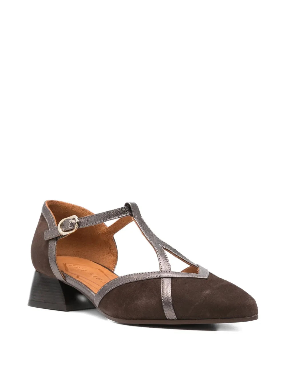 Chie Mihara Hidrow dark brown suede and gunmetal metallic T-strap pump, top view with Chie Mihara leather insole, designer comfort shoes