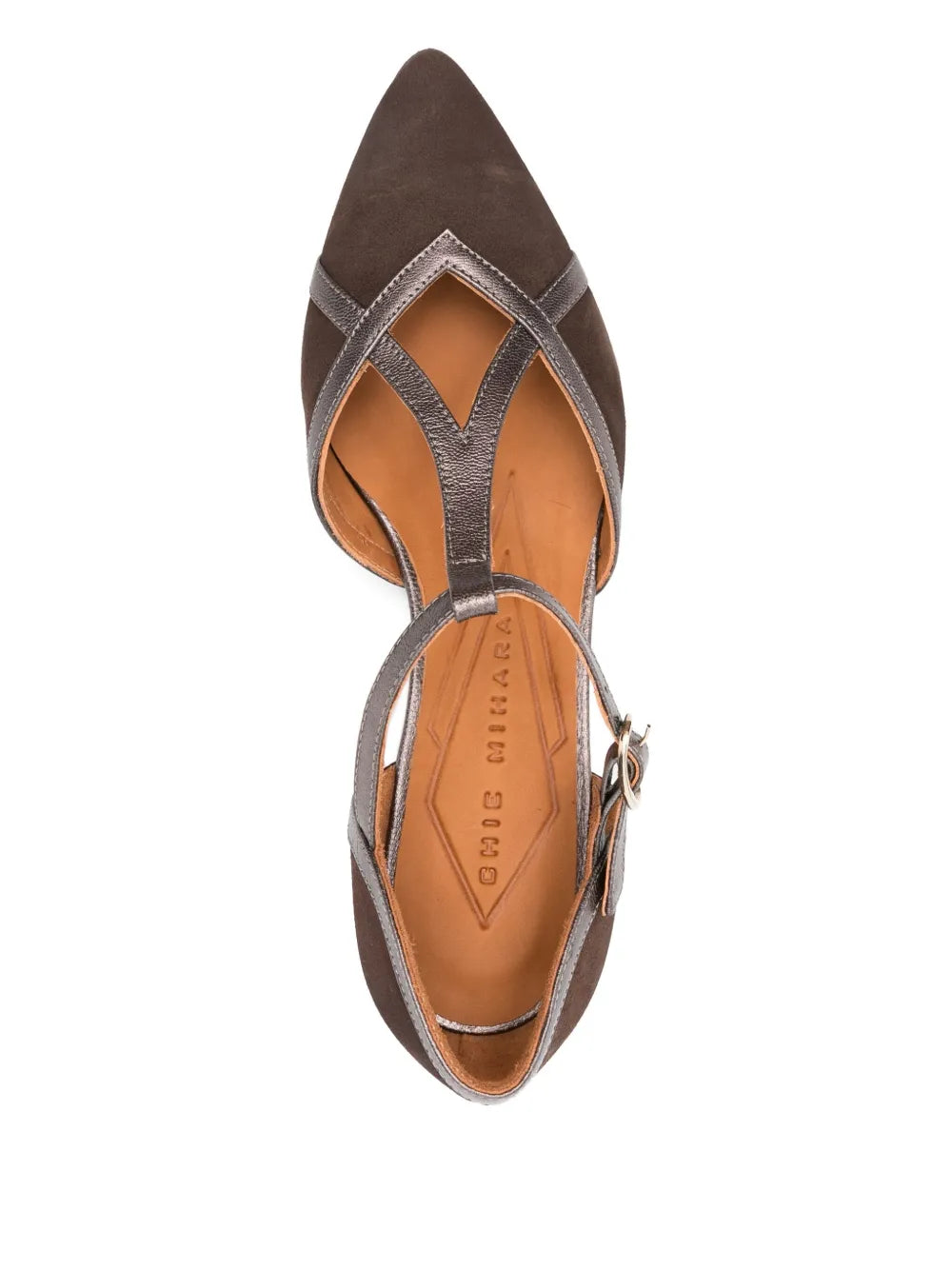 Chie Mihara Hidrow pumps in dark brown suede with metallic leather, 3 cm block heel