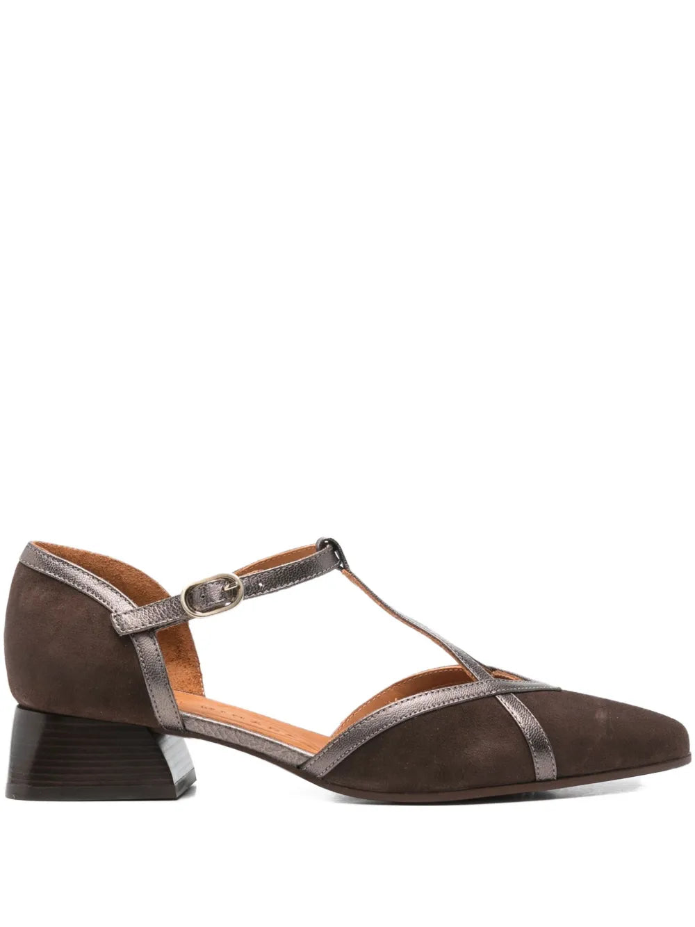 Chie Mihara Hidrow dark brown suede and pewter metallic leather T-strap pump with comfortable low block heel, handmade in Spain