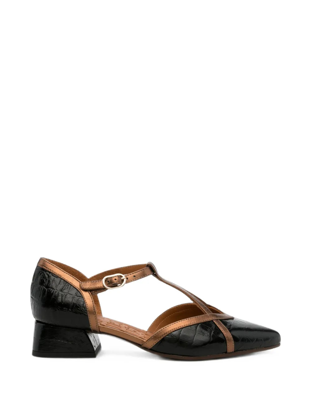 Chie Mihara HIDROW low heel T-strap shoe in black embossed leather with bronze metallic straps