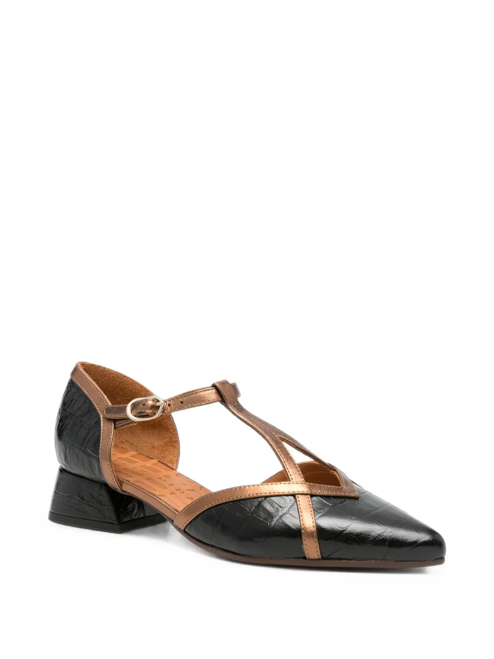 Chie Mihara HIDROW low heel T-strap shoe in black embossed leather with bronze metallic straps