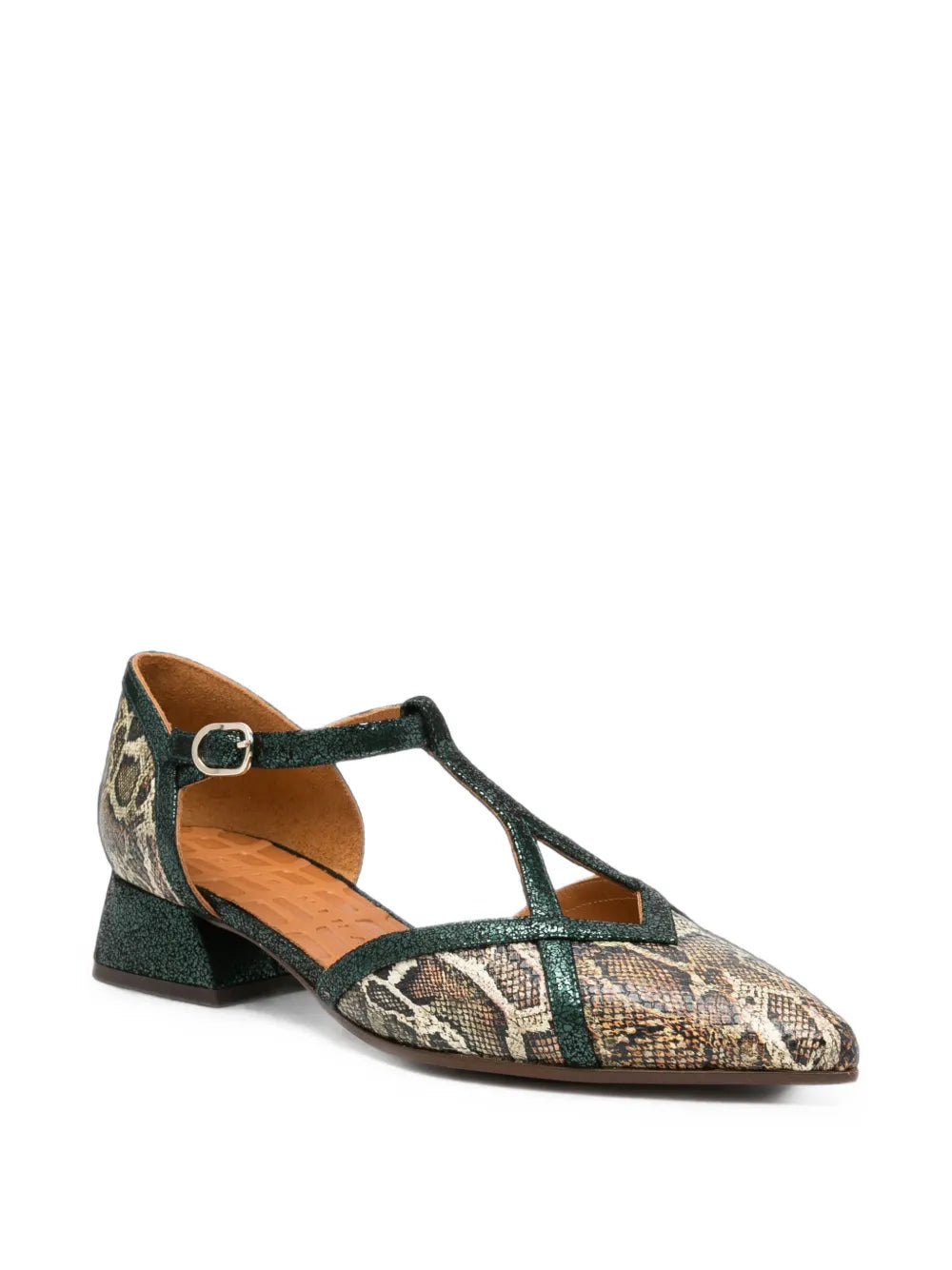 Chie Mihara HIDROW low heel T-strap shoe in natural snakeskin print with crystal green metallic straps