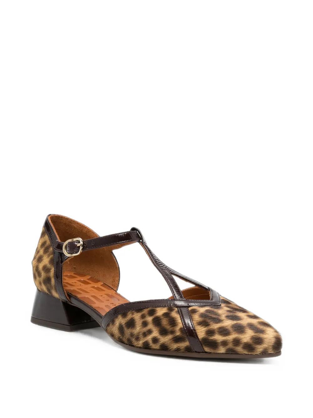 Chie Mihara HIDROW low heel T-strap shoe in natural snakeskin print with grape metallic straps