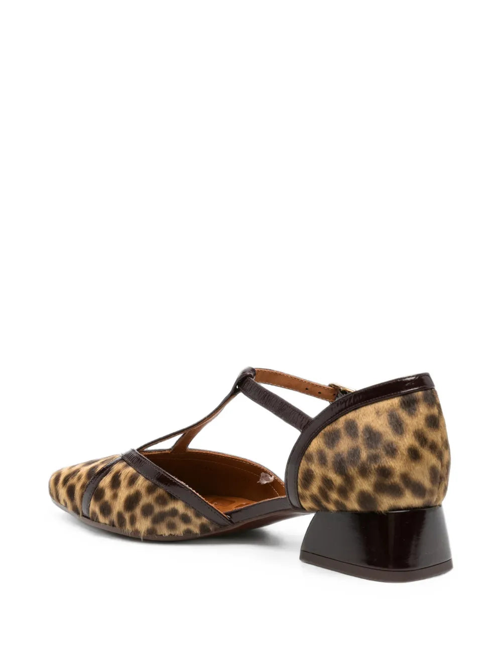 Chie Mihara HIDROW low heel T-strap shoe in natural snakeskin print with grape metallic straps