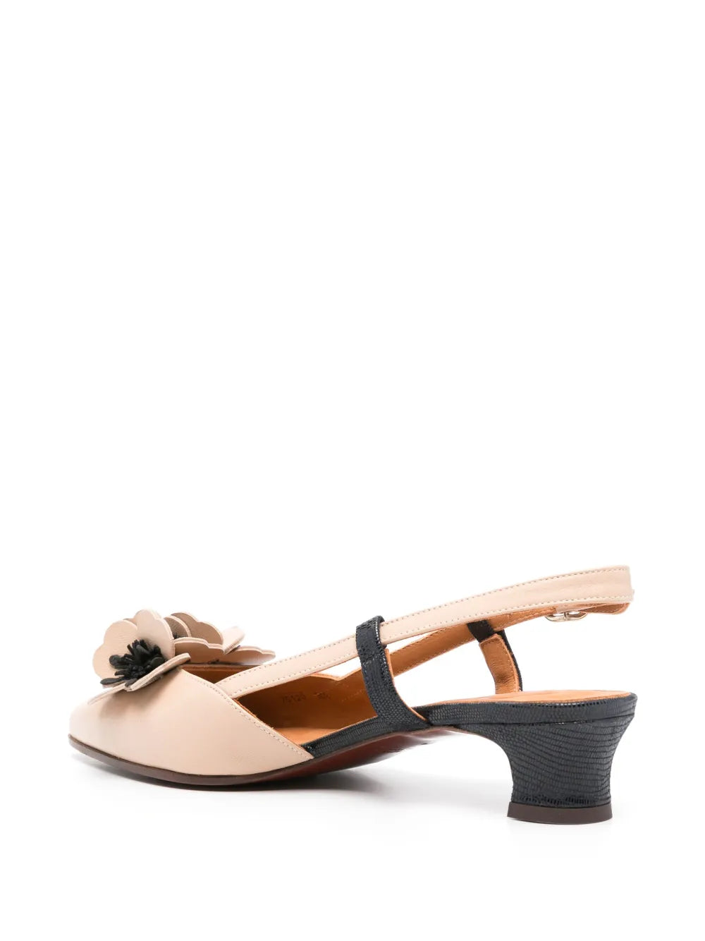 Chie Mihara Jamedi women's nude leather and black lizard T-strap slingback pump with 3D flower appliqué, comfortable low block heel, European designer shoes made in Spain
