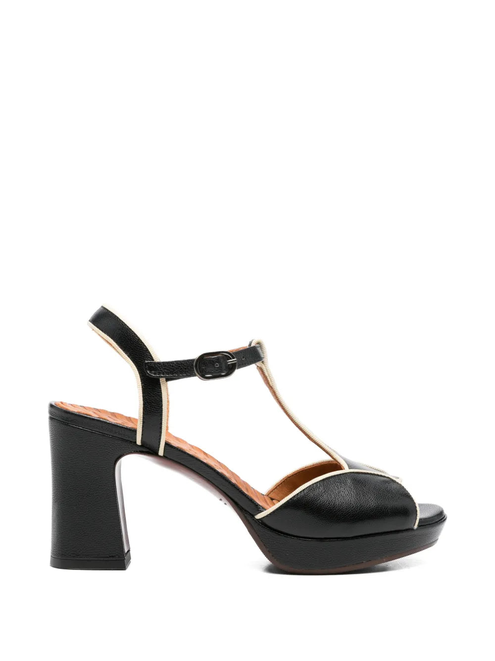 Chie Mihara Keduni black leather T-strap platform sandal with cream ivory piping and high block heel, handmade in Spain