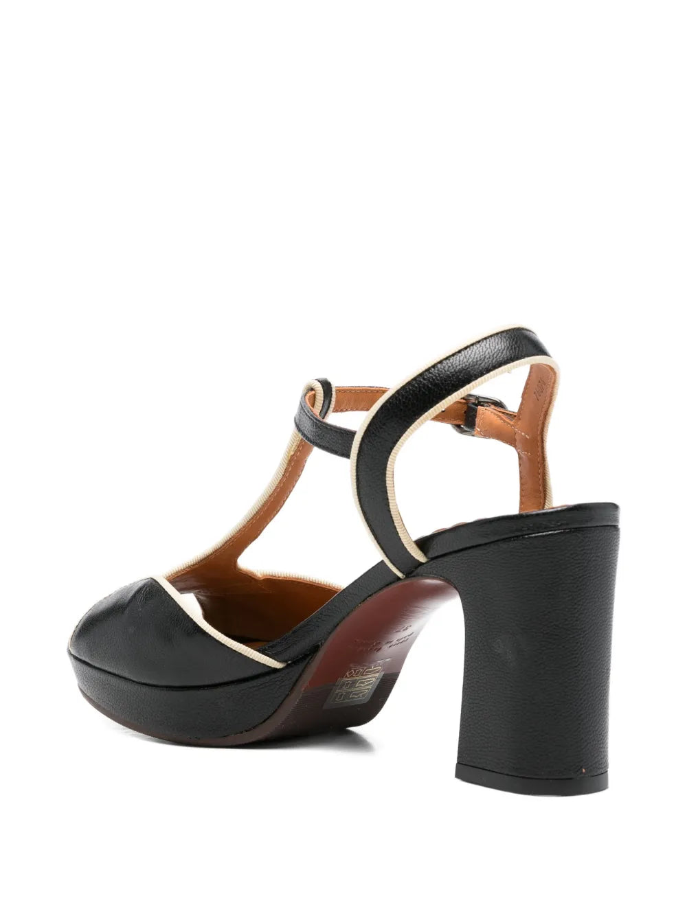 Chie Mihara Keduni women's black and off-white ecru leather T-strap platform sandal with high block heel, luxury shoes made in Spain