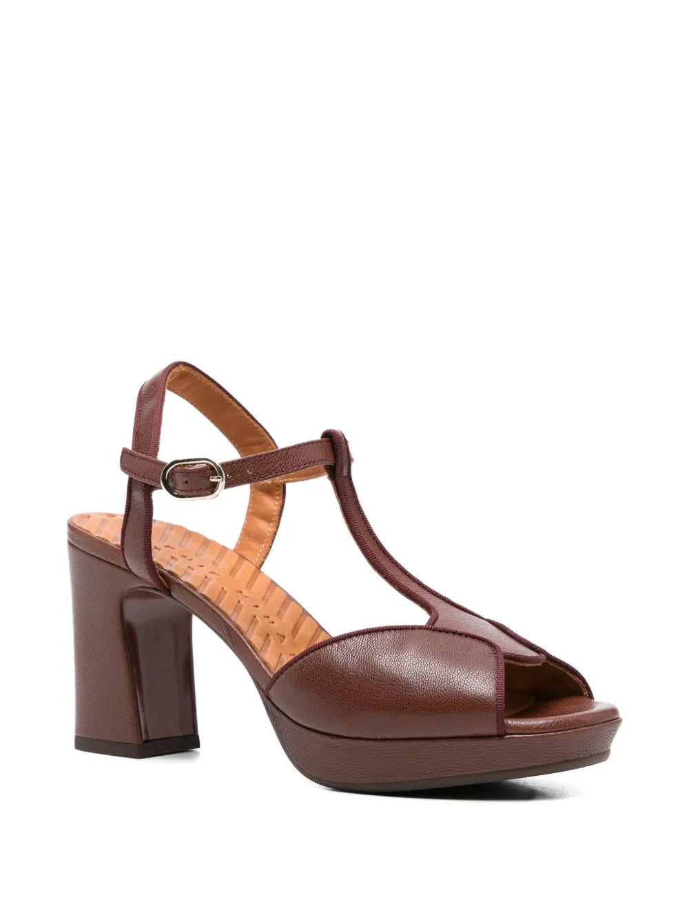 Chie Mihara Keduni dark brown leather T-strap platform slingback sandal, high block heel and ankle buckle