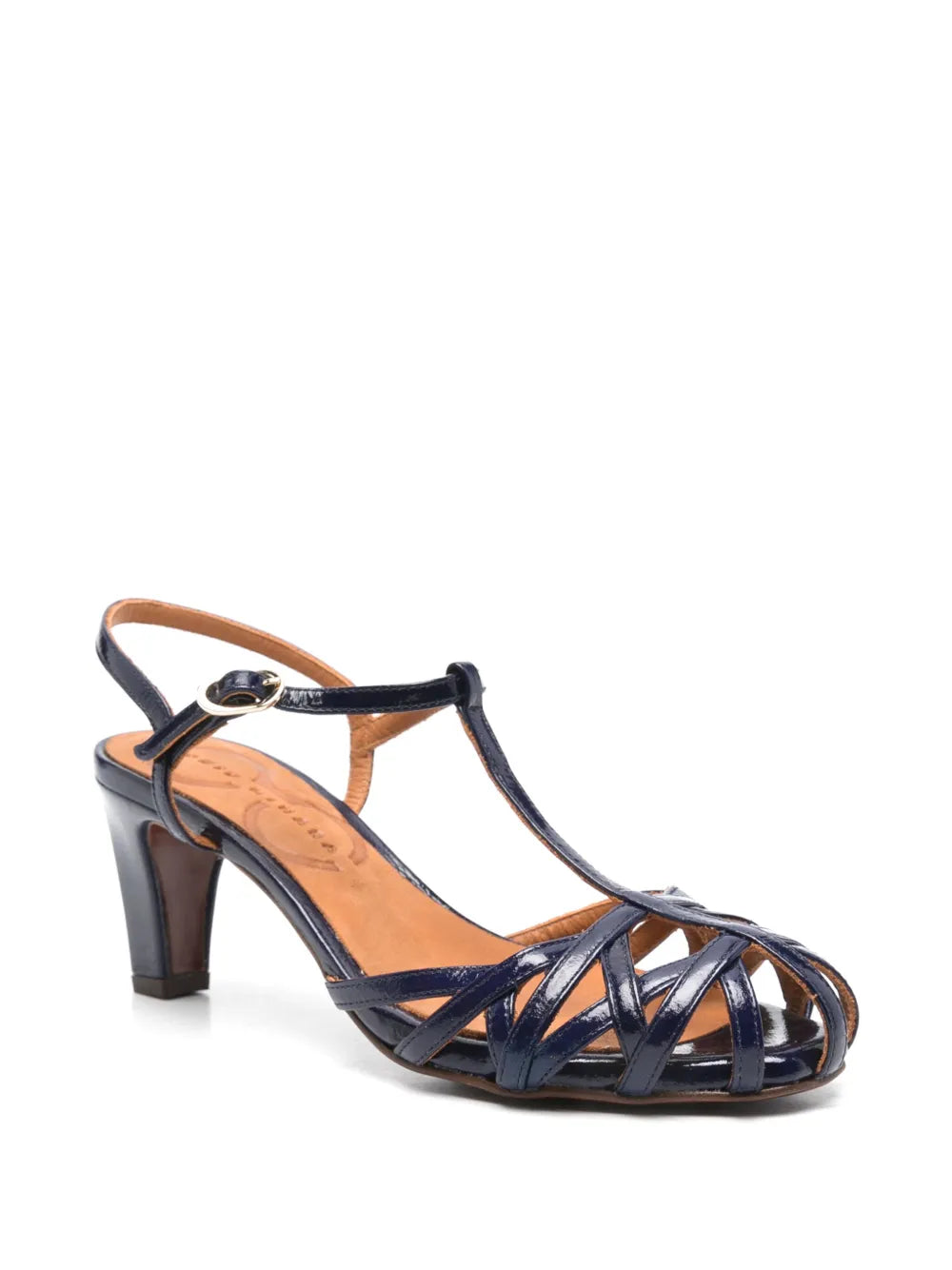 Chie Mihara Keiko dark blue crinkle patent leather cage T-strap sandal, open toe with interlaced straps and stylish comfortable mid heel, artisan leather shoes