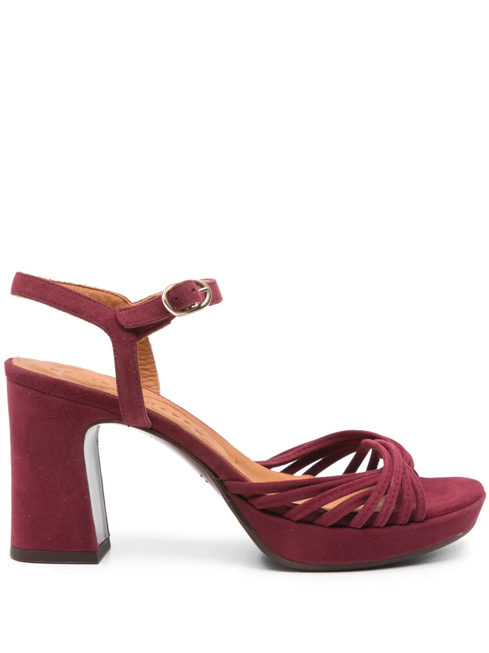 Chie Mihara Keske garnet suede multi-strap platform sandal with high block heel, open toe and comfortable ankle strap, handmade in Spain