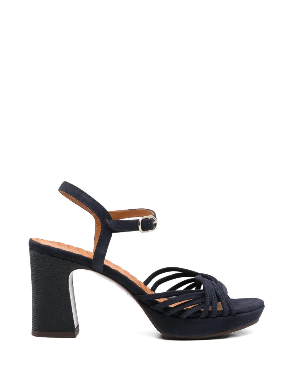Chie Mihara Keske navy blue suede platform sandal with knotted straps and block heel, handmade in Spain
