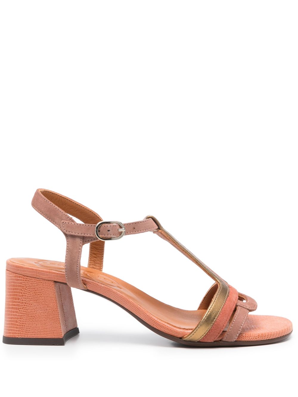 Chie Mihara Laluce nude coral lizard texture and gold metallic leather T-strap sandal with mid block heel, handmade in Spain