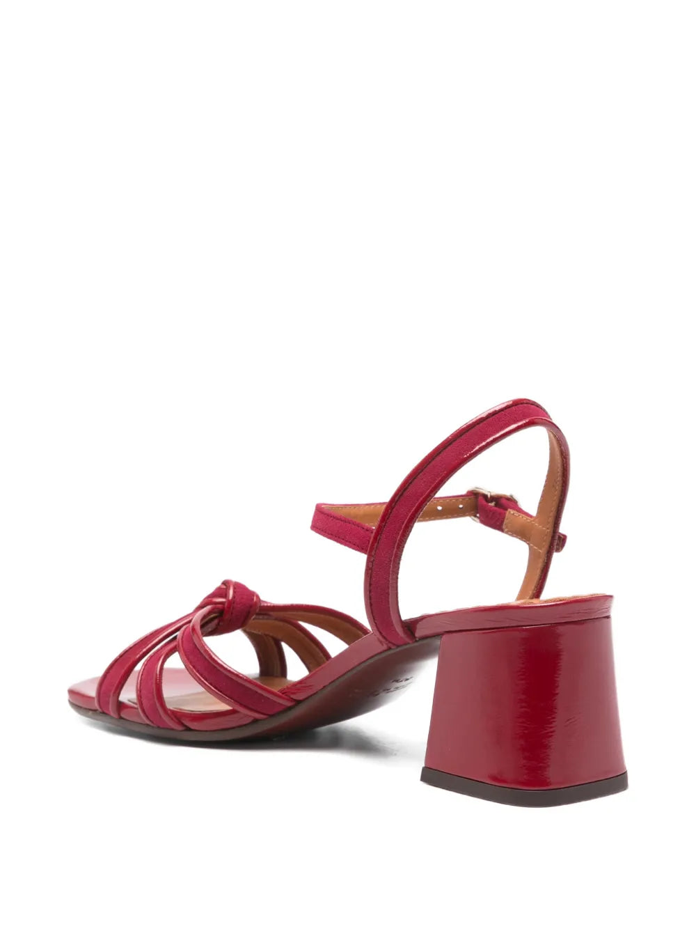 Chie Mihara Leilah women's raspberry crimson red patent leather sandal with knotted straps and block heel, luxury shoes made in Spain