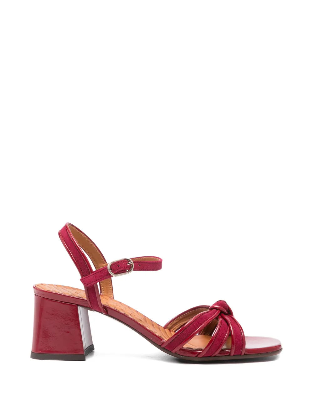 Chie Mihara Leilah red patent leather sandal with knotted multi-straps and block heel, handmade in Spain