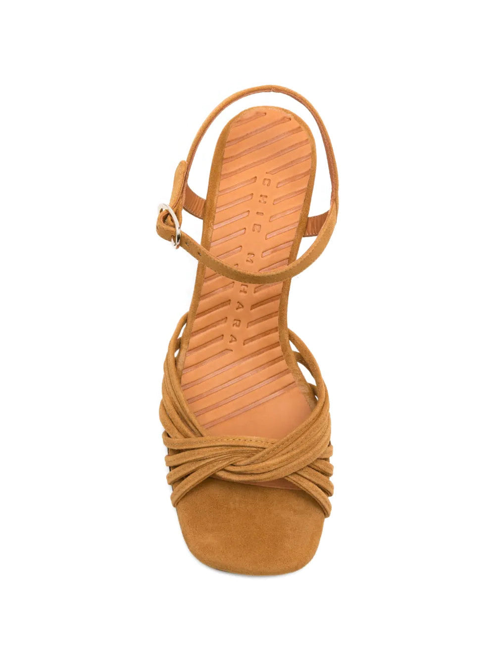Chie Mihara Leske cognac suede knotted multi-strap sandal, leather insole with brand stamp, lizard heel