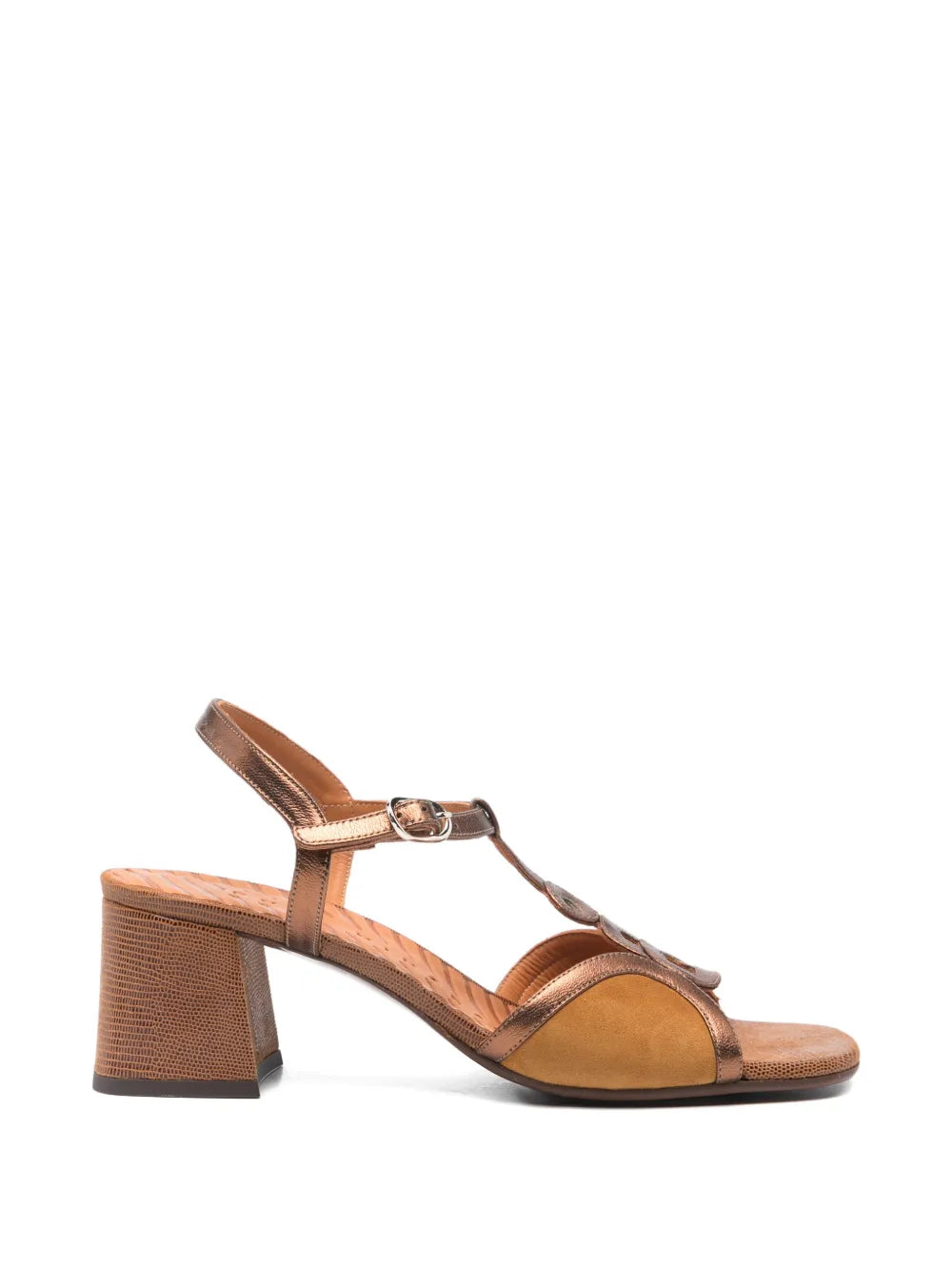 Chie Mihara Letouche cognac suede and bronze metallic T-strap slingback with lizard texture block heel, handmade in Spain