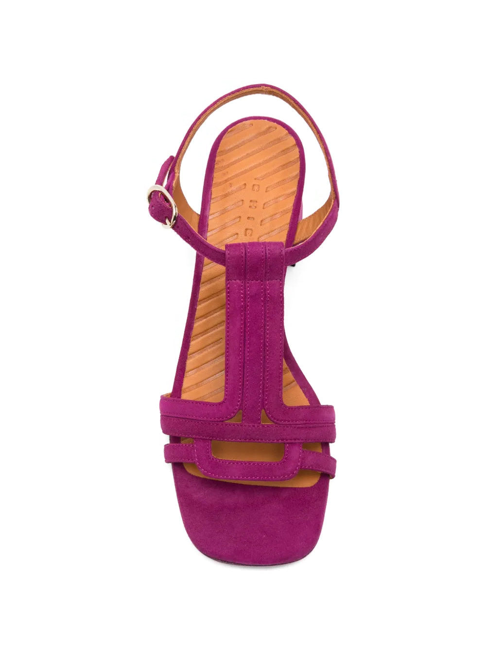 Chie Mihara Liluce fuchsia suede T-strap slingback, leather insole with brand stamp, top view