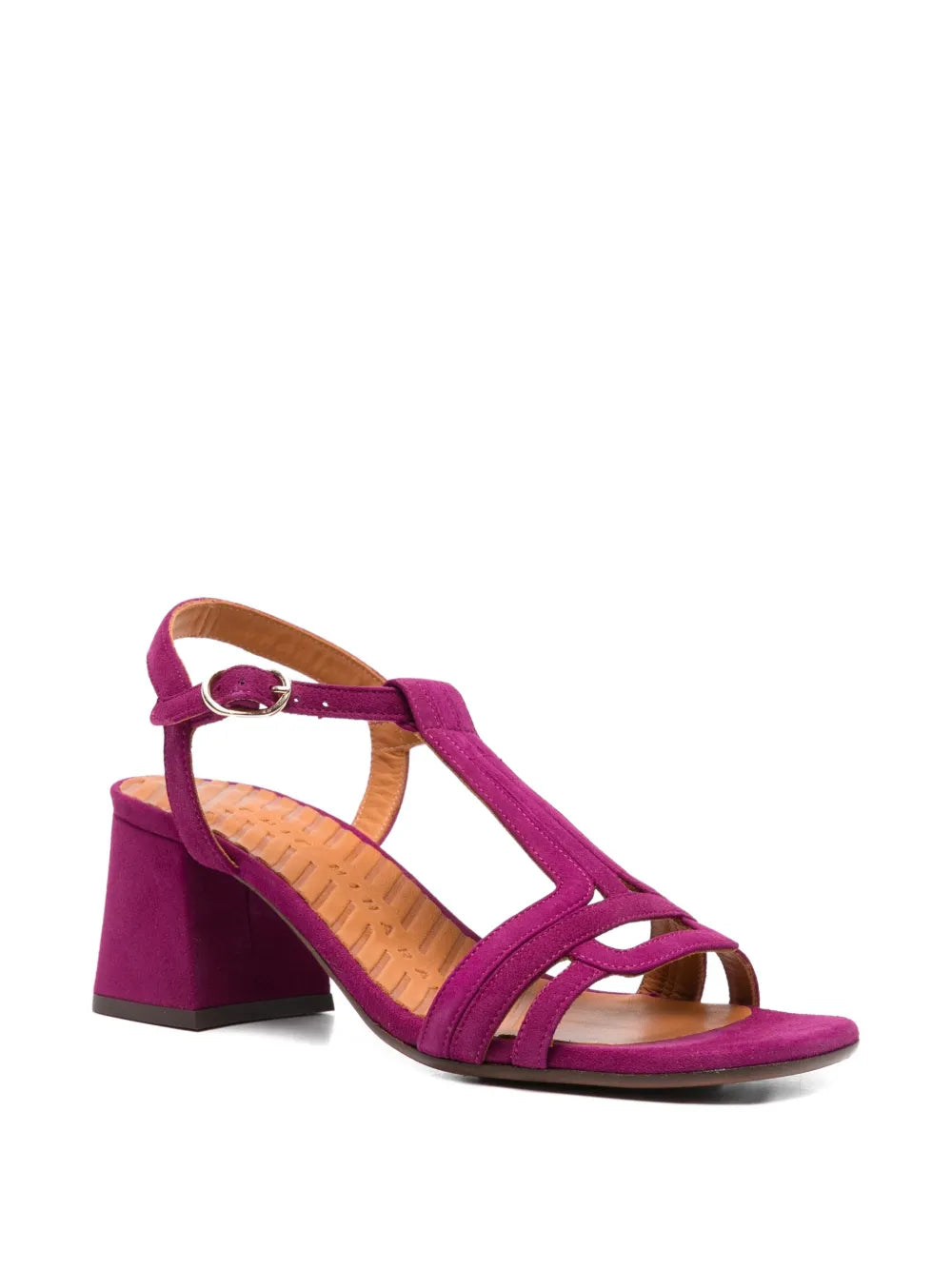 Chie Mihara Liluce fuchsia suede T-strap slingback sandal, mid block heel and ankle buckle