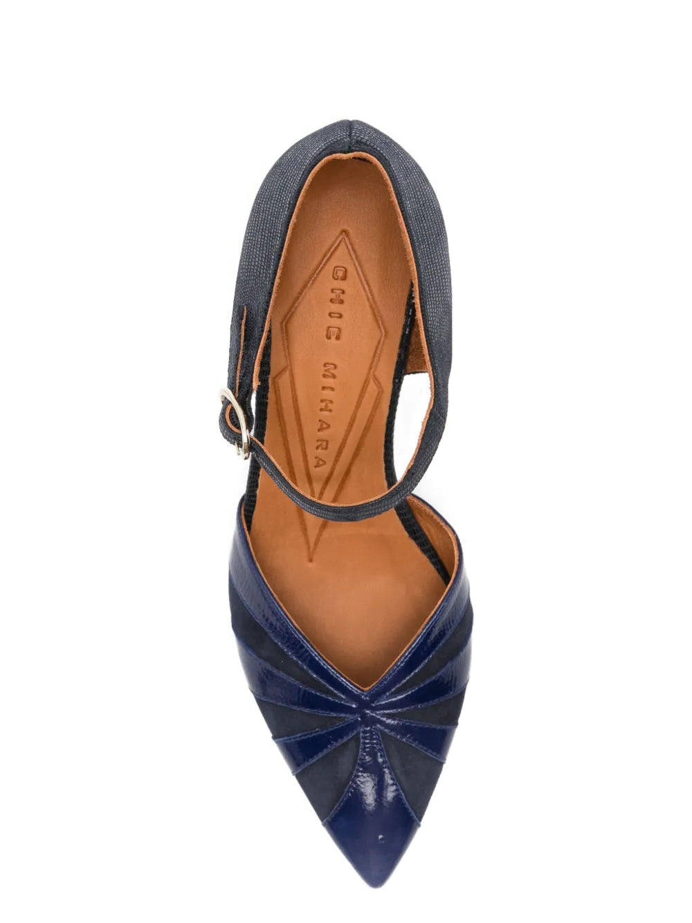 Chie Mihara Lolai navy blue suede and patent leather Mary Jane pump, leather insole known for exceptional comfort and fit, handmade in Spain