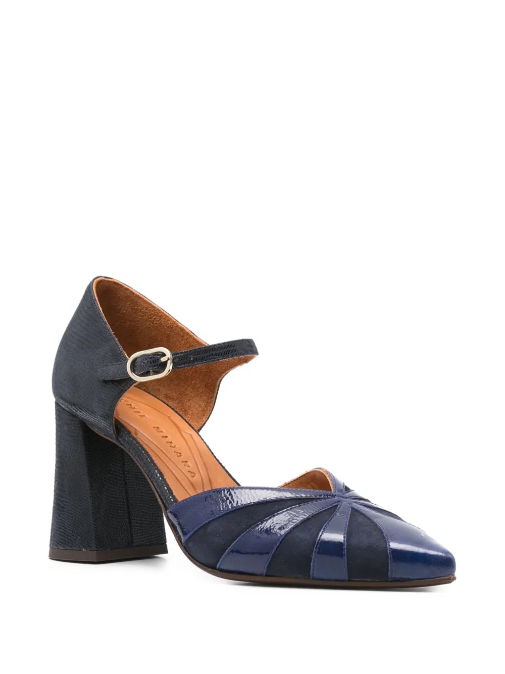 Chie Mihara Lolai navy blue suede heels with laminated patent leather details, pointed toe and ankle strap, handmade in Spain