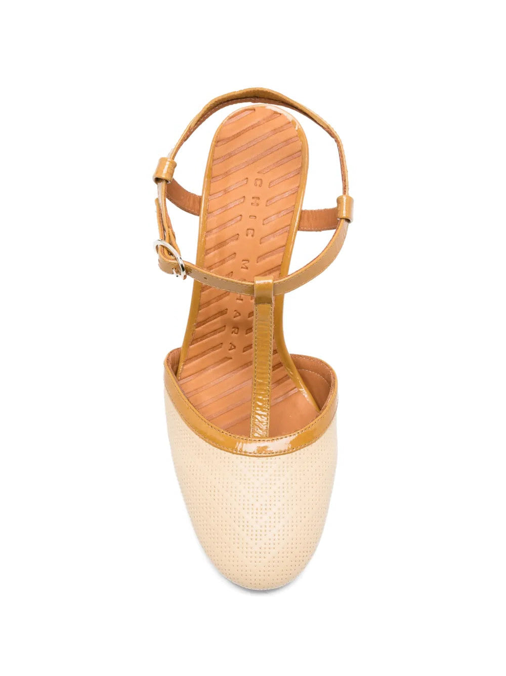 Chie Mihara Mahedi cream and ochre T-strap pump, leather insole detail, made in Spain