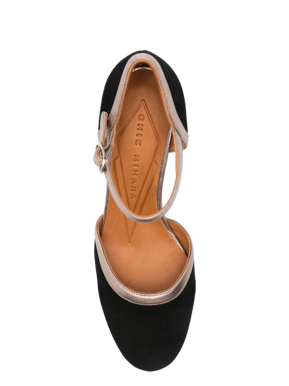Chie Mihara Maisi black suede and champagne metallic ankle strap pump, high block heel and wooden base, artisan leather shoes