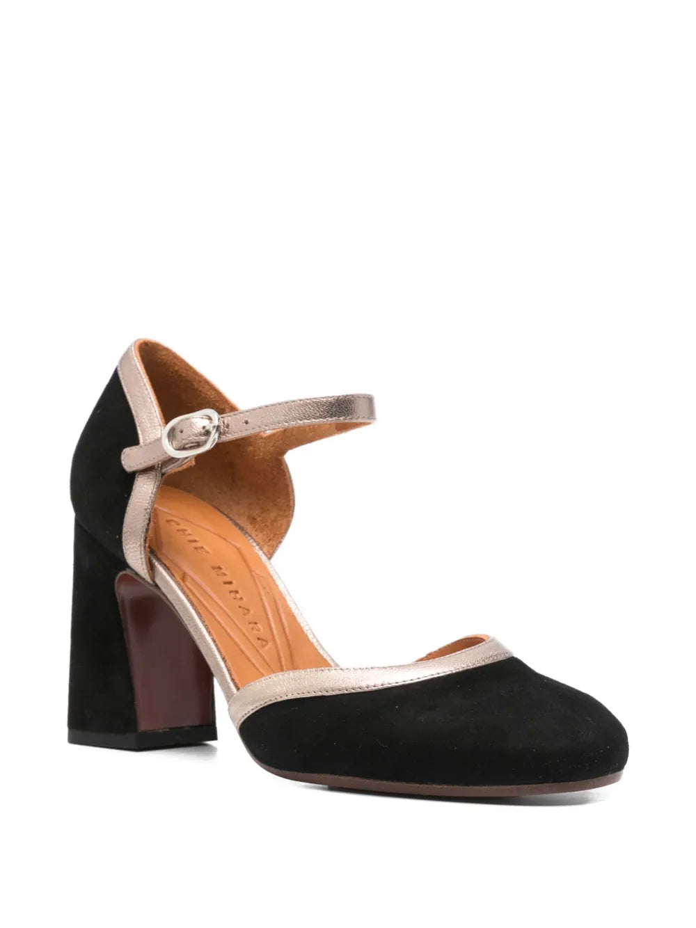 Chie Mihara Maisi black suede and rose gold metallic leather ankle strap pump, leather insole known for exceptional comfort and fit, handmade in Spain