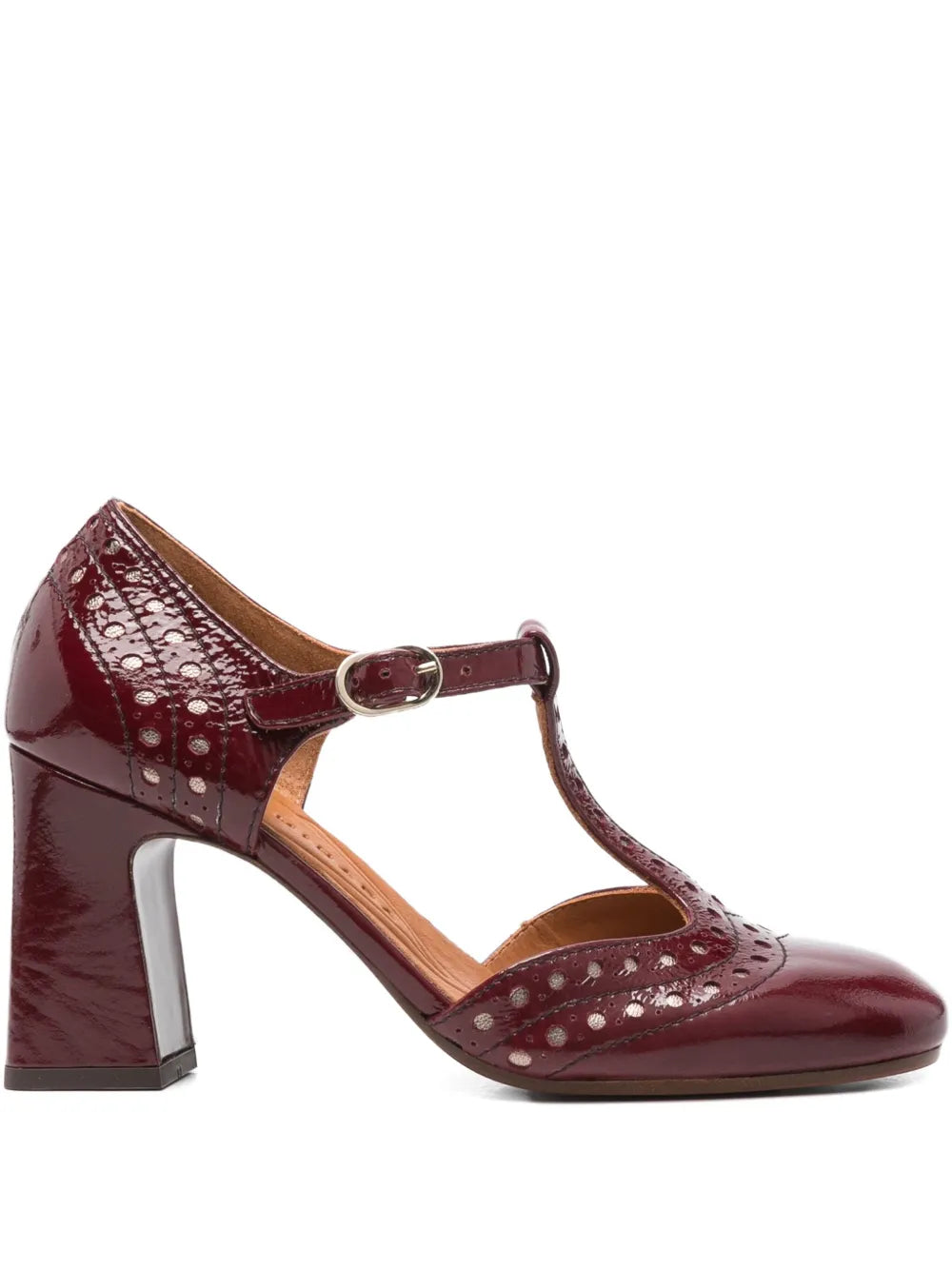 Chie Mihara Mante ruby red patent leather brogue T-strap pump with high block heel, handmade in Spain