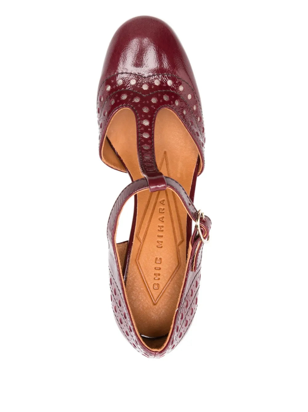 Chie Mihara Mante shoes in ruby patent leather and iron metallic leather with 8.5 cm T-bar heel