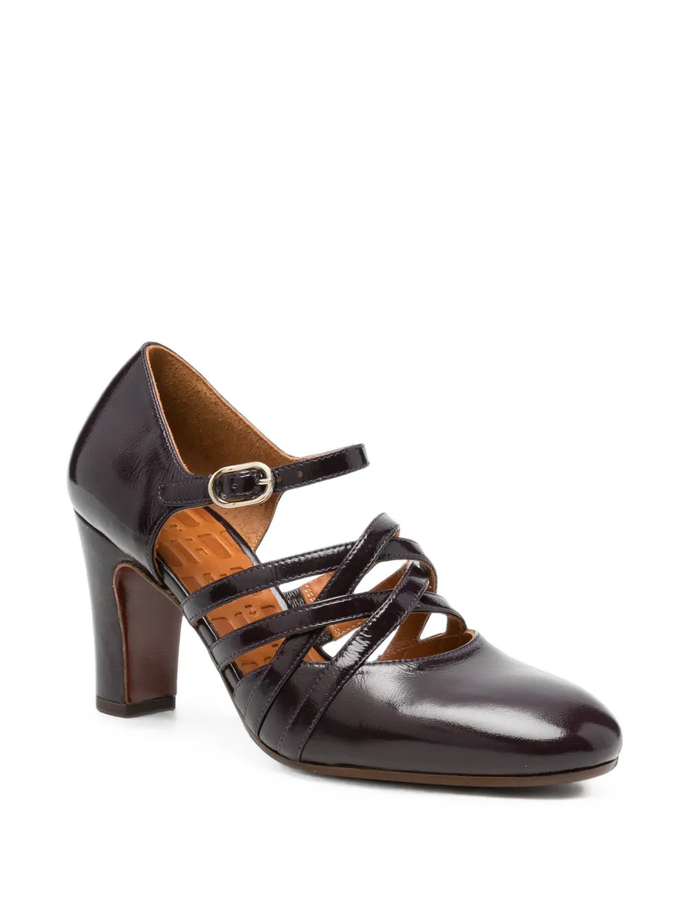 Chie Mihara MATCH high heel shoe with crossed straps in glossy grape purple leather